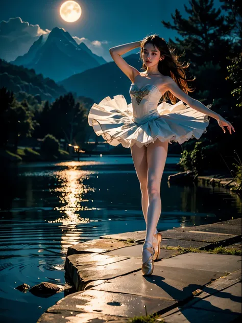 fantasy, high quality, 8K, realistic,photo realistic,RAW photo,photography,High resolution, ultra-definition, highest quality,Dramatic lighting, glitter effect, from below, midnight, moonlight, ballet、Swan Lake、ballet swan lake、Lake in the deep forest、full...