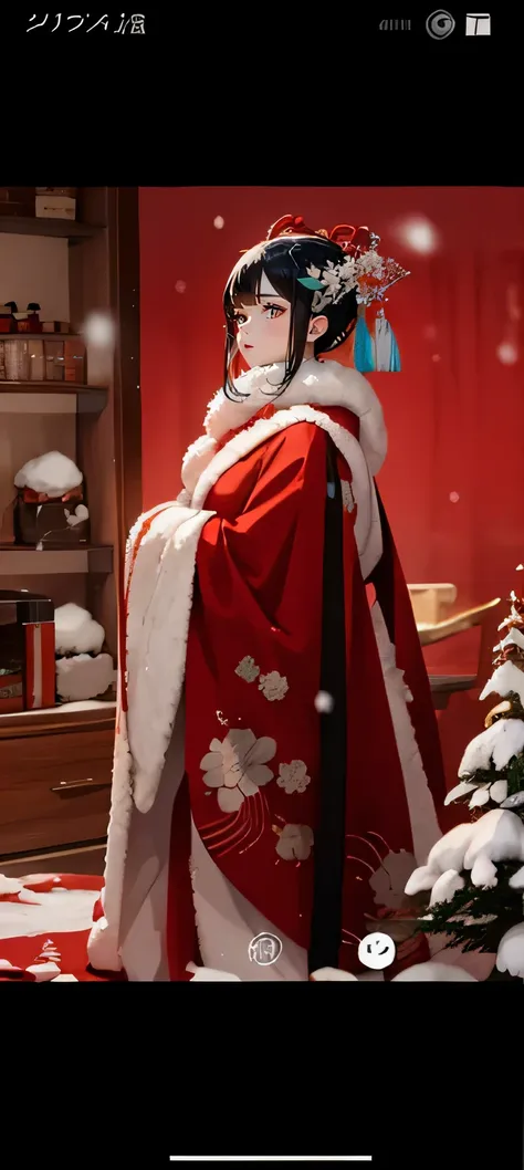 anime women，wearing a red blanket，snowing day，heavy snow，chinese costumes