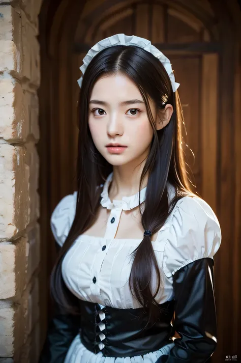 The beauty of 8K raw photos:2.0, long hair,15 years old, great face and dark eyes, stare at the camera, Expressionless, （Maid costume:1.2), realistic:1.9, very detailed CG 統合 8k 壁紙, very detailed, High resolution RAW color photos, cowboy shot, professional...