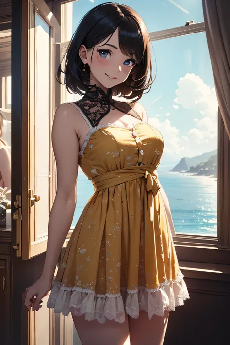 very cute and beautiful girl standing near the window,(Floral yellow summer dress with detailed ruffles),No sleeve,detailed lace,(skirt lift,white panties), (very detailed美しい顔と目:1.2),Antique hotel bedroom with outside view,distant tree々and the sea, cowboy ...