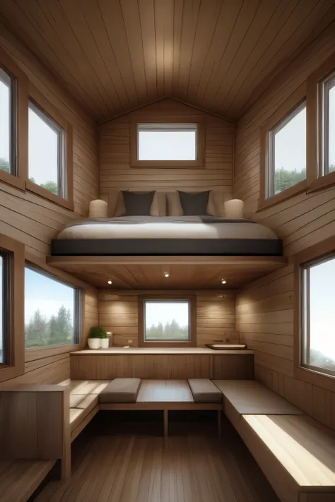 interiortinyhouse interior couch, led tv, kitchen, wooden, ((masterpiece)), realistic, epic, details,