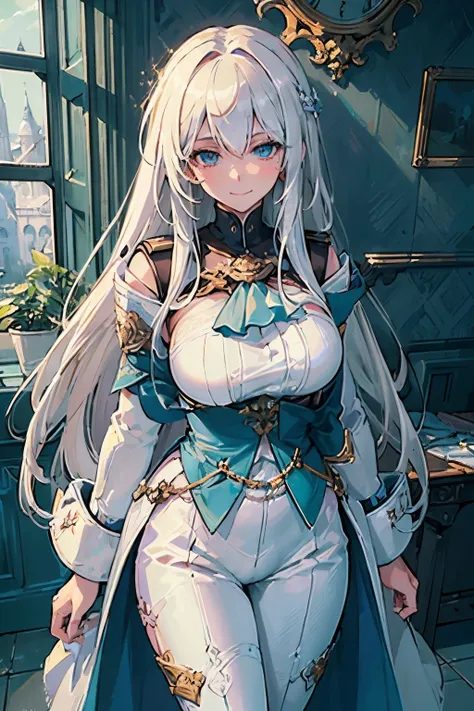 (best quality:1.3), (masterpiece:1.3), (illustration:1.3), (ultra-detailed:1.3), (mid shot:0.9), 1girl, white hair, large breast...