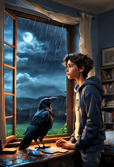 Uma linda imagem de fundo para um aplicativo androide e web, uma obra prima que mostra um lindo jovem num quarto digitando na frente do seu computador, there is a window that shows the night and the rain, lugar encantador e misterioso rico em detalhes, the...
