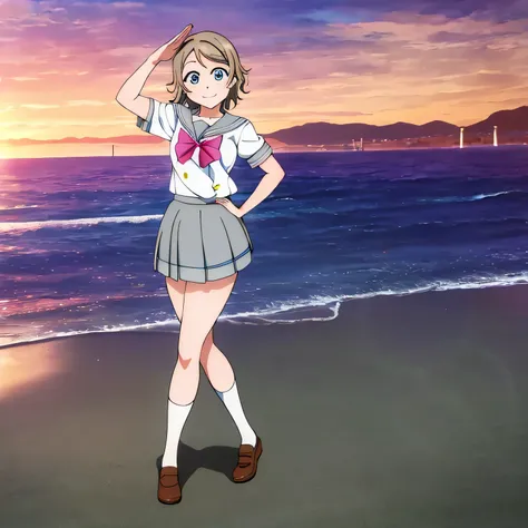 masterpiece, high quality, 1 girl, Akira Watanabe, uranohoshi school uniform, school uniform, alone, blue eyes, serafuku, skirt, saluting, short hair, put your hand on your waist, smile, pleated skirt, grey skirt, socks, brown hair, whole body,bright,Make ...