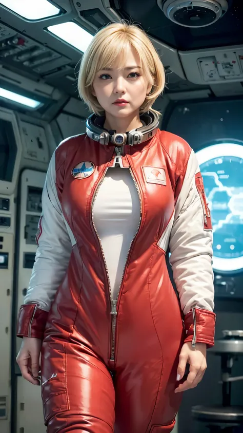 (hyper real)、future female pilots、
Huge　Beautiful woman　High level image quality　High resolution　realistic　short hair　blonde、　blondeの女性、mature woman、middle-aged women、((big big skin texture、超High resolution、realistic、Chubby body type、angry face、beauty of m...