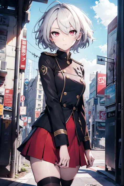 detailed, (masterpiece:1.2), (pale_skin:1.2), (solo:1.2), (female), slender, (white hair), (black_military_uniform), outdoors, headtilt, red eyes, short hair, (messy hair:1.3), (red skirts), (white pupils), (hair_covering_eye:1.5)