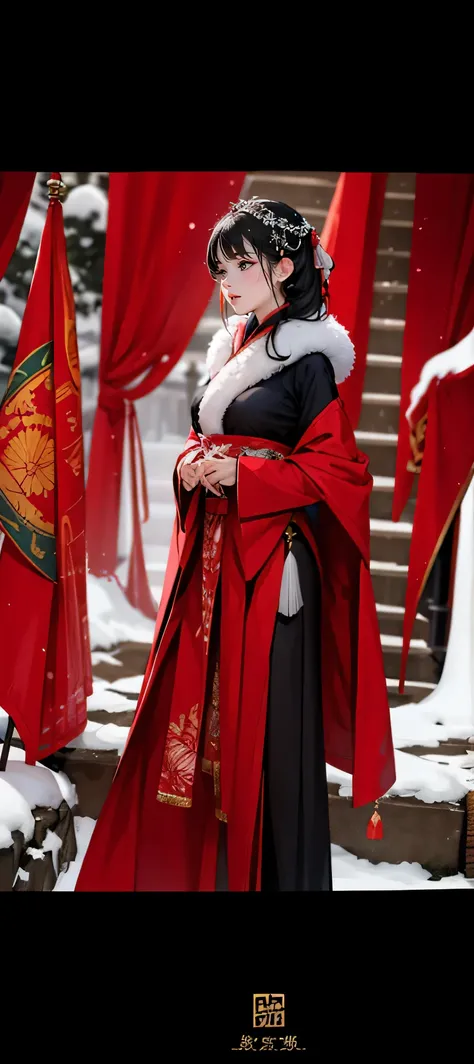 chinese costumes，red cloak，heavy snow，snowing day，valkyrie，动漫valkyrie，armor，cold weapons