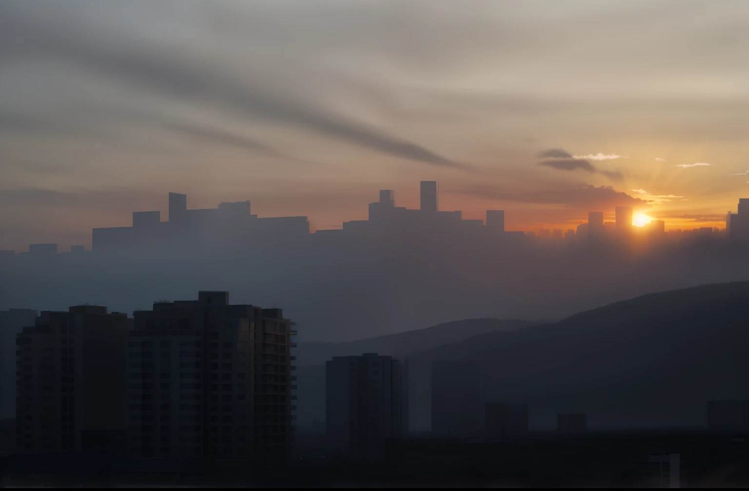 Sunset with buildings,high resolution, high quality,dark