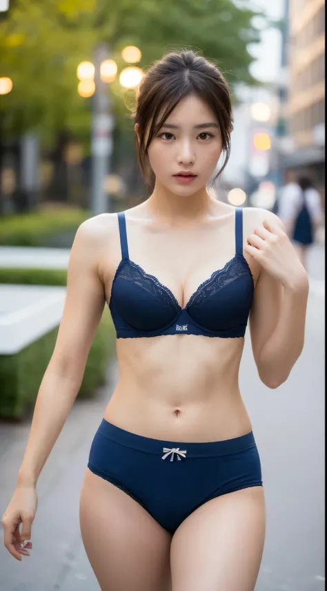 ((realistic lighting, highest quality, 8K, masterpiece: 1.3)), concentrated: 1.2, 1 girl, perfect body beauty: 1.4, slim abs: 1.1, ((dark brown hair)), (Wearing navy blue panties: 1.4), (outdoor, night: 1.1), city street, super fine face, fine eyes, double...