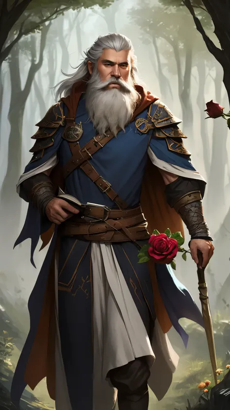 a man with a long beard holding a book and a rose, old male archmage, fantasy mage, male wizard, portrait of a mage, portrait of a forest mage, heroic fantasy character concept, archmage, complex fantasy character, mage, epic fantasy character art, dnd fan...