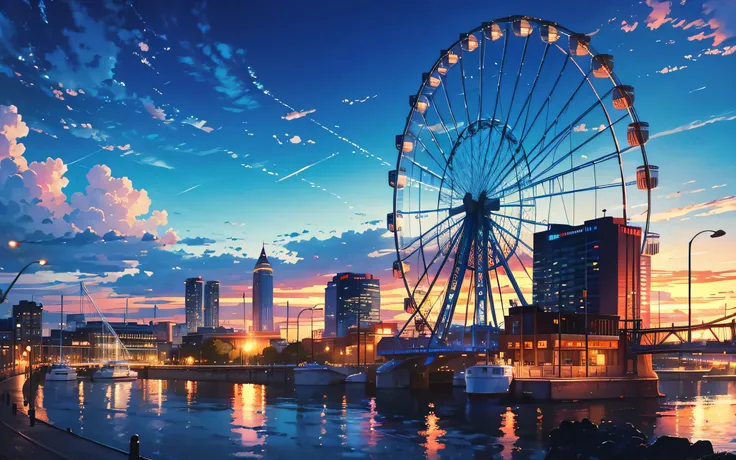 High resolution,High resolution,high quality,landscape,realistic,blue sky,Large bridges，Ferris wheel