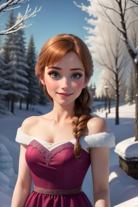 woman, ((Masterpiece, best quality)), detailed skin, highly detailed, cinematic lighting, ultra realistic, blush, looking at viewer,  anna, anna from frozen, princess, disney, brown hair, long hair, portrait, outdoor, snow, long hair, pink dress 
