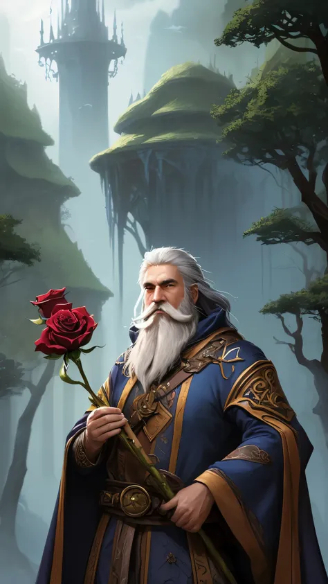 a man with a long beard holding a book and a rose, old male archmage, fantasy mage, male wizard, portrait of a mage, portrait of a forest mage, heroic fantasy character concept, archmage, complex fantasy character, mage, epic fantasy character art, dnd fan...