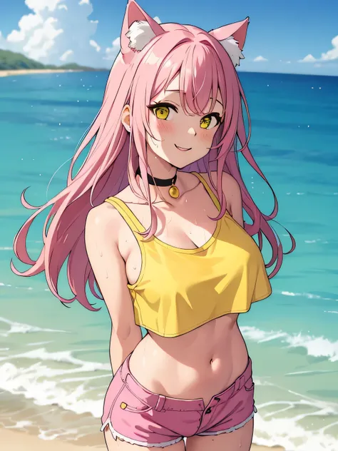 (masterpiece, highest quality:1.2), 1 girl, Cat ear, pink hair, big breasts, choker, timid, blush, Yellow shorts, purple crop top, from the front, Ocean, smile, Fold your hands in front of your body、tops are wet