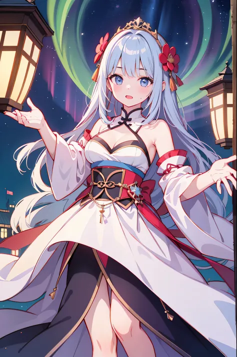 （masterpiece）、(highest quality)、((Super detailed))、(super delicate)、naughty chinese princess、Pastel colors hair、beautiful breasts、gorgeous castle、Fantastic starry sky、aurora