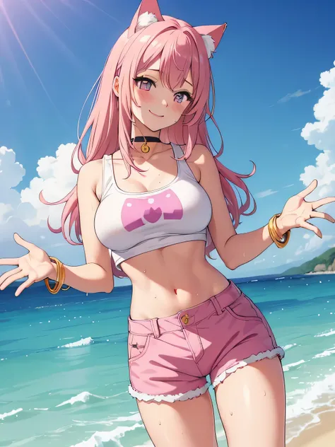 (masterpiece, highest quality:1.2), 1 girl, Cat ear, pink hair, big breasts, choker, timid, blush, Yellow shorts, purple crop top, from the front, Ocean, smile, Fold your hands in front of your body、tops are wet