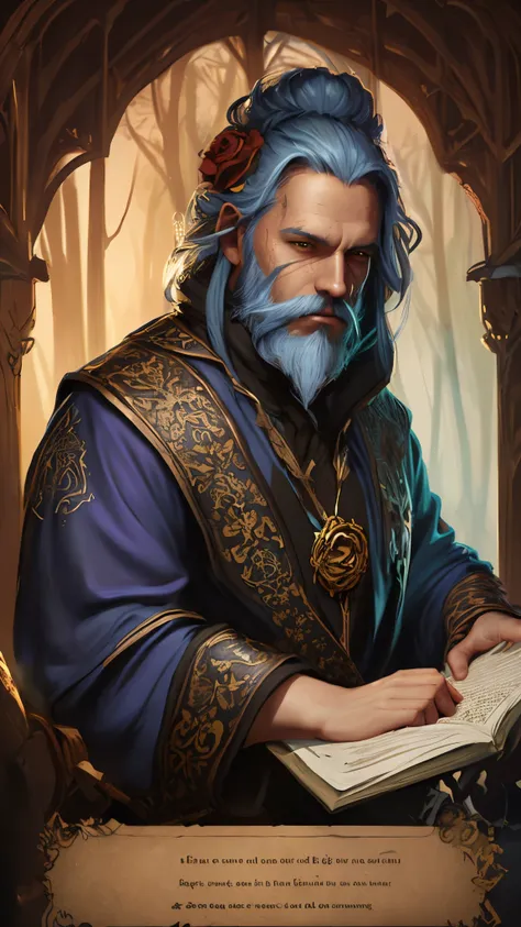 a man with a long beard holding a book and a rose, old male archmage, fantasy mage, male wizard, portrait of a mage, portrait of...