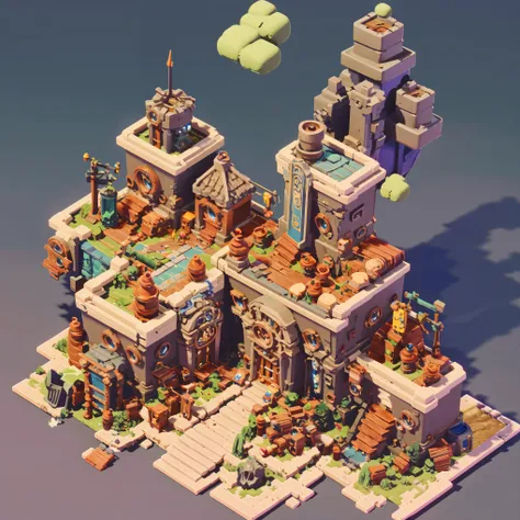 3d isometric view of Steampunk island,