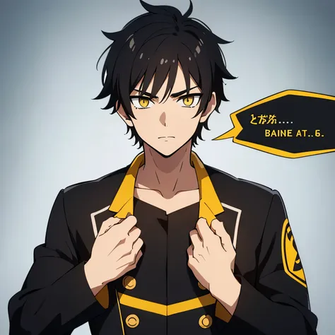 1 boy, black hair, yellow eyes, black uniform, calm face, short hair, handsome, 15 years old boy