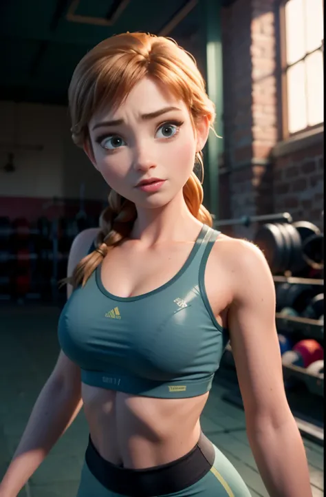 Photo of Anna of Arendelle wearing Blue gym outfit, sad look, close-up, some slime spills on her breasts, long hair in gym look, indor