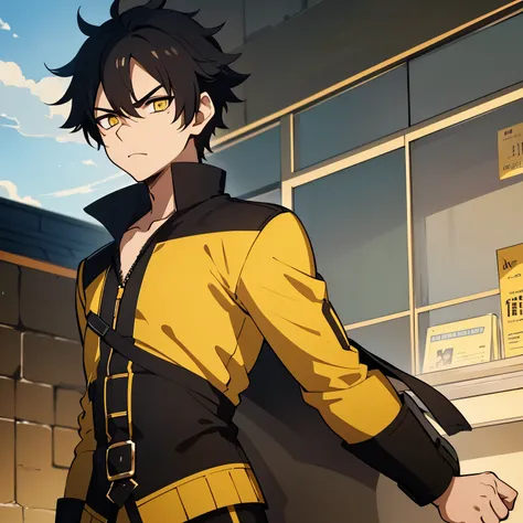 1 boy, black hair, yellow eyes, black uniform, calm face, short hair, handsome, 15 years old boy, angry, mad