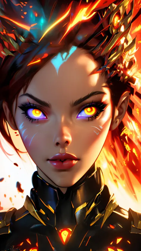 a close up of a woman with yellow eyes and a red lipstick, artgerm ; 3d unreal engine, ig model | artgerm, with glowing red eyes...