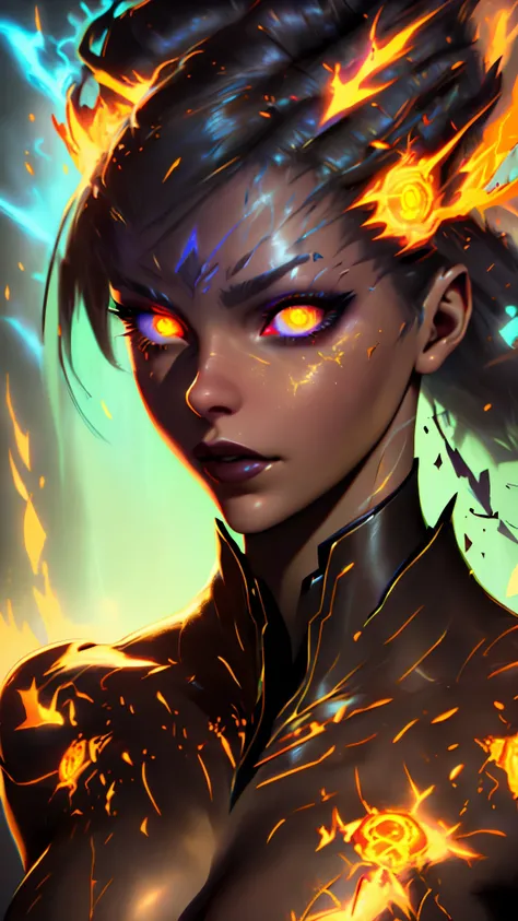 a close up of a woman with yellow eyes and a red lipstick, artgerm ; 3d unreal engine, ig model | artgerm, with glowing red eyes, glowing ember eyes, with glowing yellow eyes, rossdraws portrait, artgerm. high detail, rossdraws 1. 0, :: rossdraws, rossdraw...