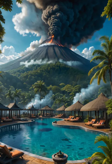 art by mooncryptowow, At a luxurious resort nestled near the smoldering volcano, a group of vacationers marvel at the awe-inspiring spectacle, highres, UHD, masterpiece, 16k