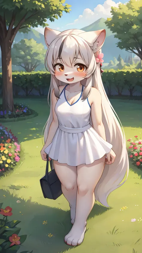 furry,long hair,white fur,white dress,standing,turn around,smile,open mouth,blush,flower garden,looking at viewer,light and shad...