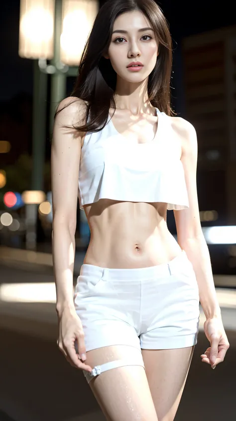 ((Realistic lighting, best quality, 8k, masterpiece: 1.3)), clear focus: 1.2, 1 girl, Perfect body: 1.4, slim abs: 1.1, ((dark brown hair)), (white crop top: 1.4), (outdoor, night: 1.1), city street, The face is super delicate, beautiful eyes, double eyeli...