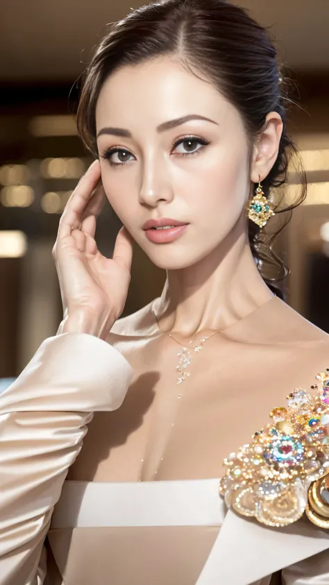 (best quality,4K,8k,high resolution,on the table:1.2),super detailed,actual,beautiful woman,exquisite eyes,Detailed lips,The facial details are particularly rich,long eyelashes,luxury shopping mall,Latest fashion items,a happy expression,(saluting),bright ...