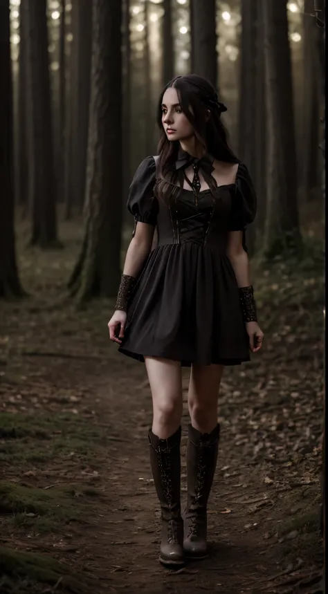 young , medieval, ((very detailed dark tones short dress)), fantasy, (General plan), three-quarter, Cinematic, white ivory bow, fireflys, (fantasy clothes), boots, forest, dark mood, night