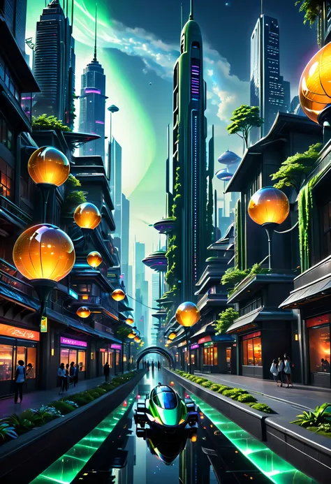 create a captivating and relaxing futuristic scene in a 1,152 x 2,048 pixel image. in the center, a vibrant cityscape thrives wi...