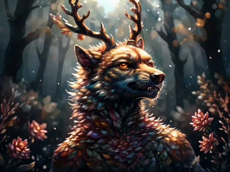 full body, full shot, werewolf with antlers, frendly face, frontal, watercolor, garden, forest, flowers, full body, ultra highly detailed, intricated, intricated pose, perfect face, perfect nose, complex background, dynamic lighting,