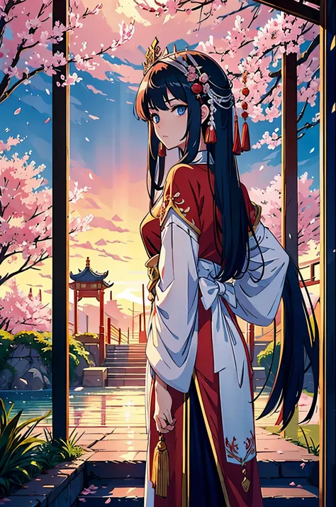 Long haired white anime girl with blue eyes, a big crown, red hanfu and jewels, walikng down the stairs, behind her is a chinese palace with tall tress, cherry blossoms  and blood draining from her long metal tipped sword with red sunset in 8k