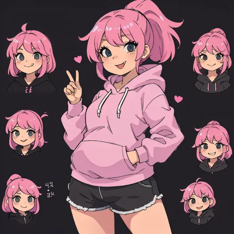 Character sheet, a pink haired korean decent girl (fat) 14 years old, colored hot pink hair in a pony tail floofy, black hoodie,shorts, smiling (tongue out)