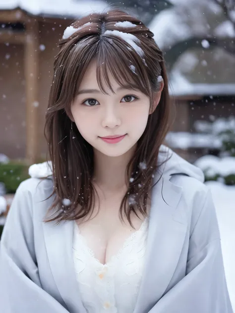 realistic pictures (1 Cute Japanese gravure idol) shoulder length hair, light makeup, big breasts, wearing a coat, in the snow, clear facial features, 8K high resolution, sharp and realistic details.from outside, eye level shot, f/4.0, 135mm, fujifilm, jpe...