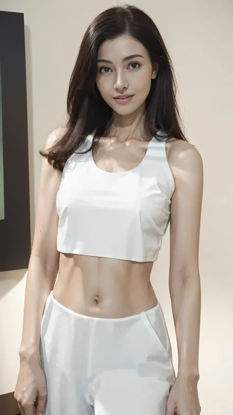 ((Realistic lighting, best quality, 8k, masterpiece: 1.3)), clear focus: 1.2, 1 girl, Perfect body: 1.4, slim abs: 1.1, ((dark brown hair)), (white crop top: 1.4), (night: 1.1), The face is super delicate, beautiful eyes, double eyelids,bedroom, ground，，Se...