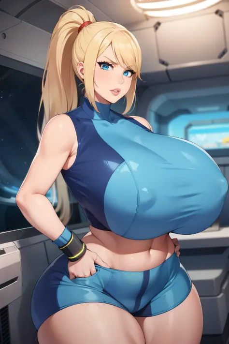 Samus Aran, 1 girl, perfect face, perfect eyes, looking at viewer, ponytail, blonde hair, puffy lips, thick lips, wide hips, thick thighs, craving lust face, huge natural breasts, mature mom, perfect face, perfect eyes, blue eyes, indoors, spaceship, samus...