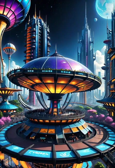 futuristic cities、theme parks of the future，amusement park of the future，entertainment city，floating in the universe、cyberpunked...