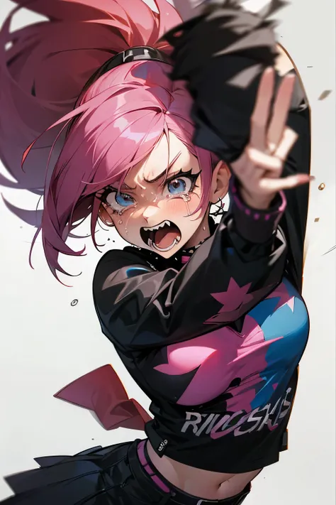 A high-resolution, dynamic image of a 20-something anime-style woman wearing a punk rock costume crying as she is scolded by her boss in the office.