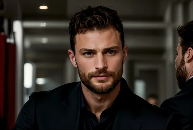 ((half body)) RAW Photo Jamie Dornan , wearing black suit, (Using dark and attractive beard) movie scene, (Impeccable) ,Serious and elegant man, Actor Jamie Dornan, with thick male eyebrows, secret agent 007 man style, (with mysterious and serious face,) s...