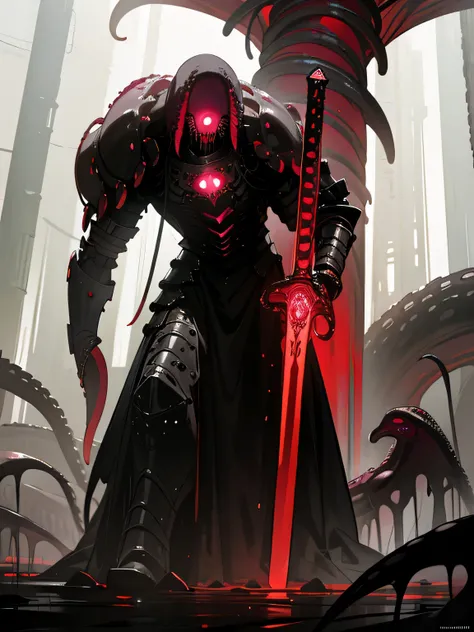 ((dark tentacle biopunk art)), ((horror tentacles)), tall empty possessed armor, red glowing eyes, holding a massive broadsword, gatekeeper, high gate, wasteland without grass, Dark lighting, (cold light), black oil liquids, (Dark Fantasy), very detailed a...