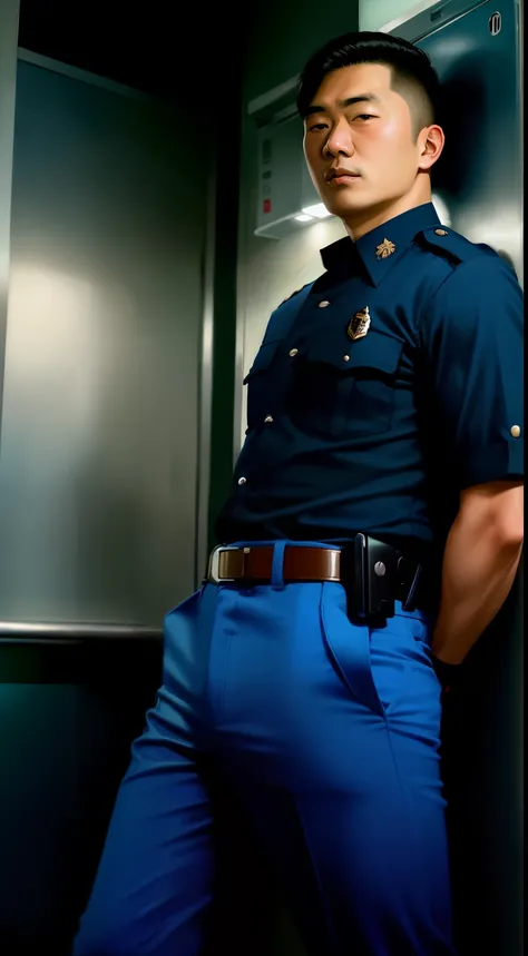 ((photo realistic)), (((one men only in the picture))), 20 years old mature beefy bulky sexy Japanese Kenta in police Keisatsu uniform laying on the floor, his legs wide open facing the camera, sumo style, short haired, back arched, he is wearing dark blue...