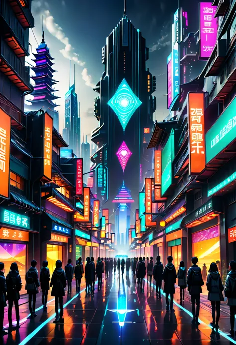 (LED Vision), Imaginary City, (Near Future) (People Gathering), Signboard, Cyber, AI, View from the Ground, Night Scene, Bright Colors, Disciplined Buildings, Light Shot Towards the Sky from Each LED Vision, (Network Network), Global