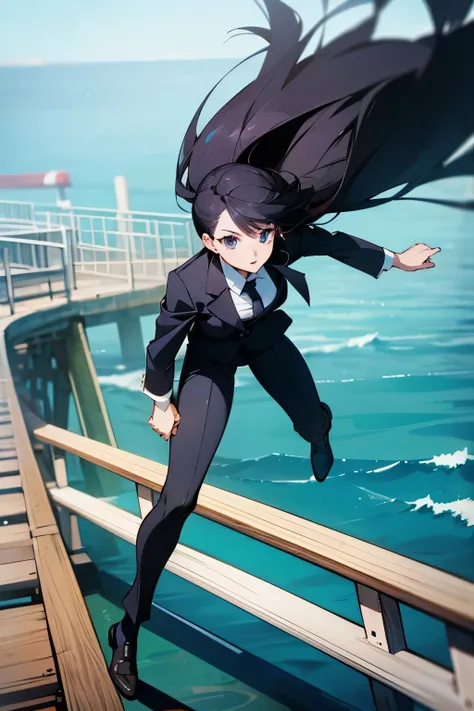 A high-resolution, dynamic image of a 20-something anime-style woman in a business suit fearfully crossing a narrow pier over a cliff.