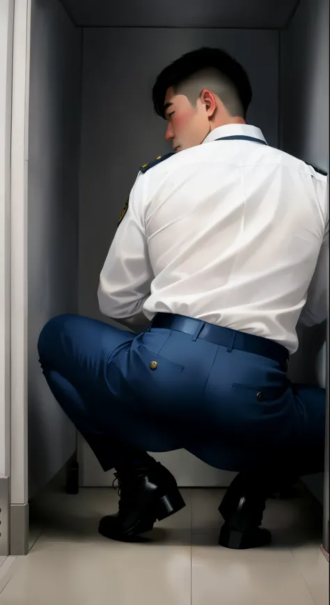 ((photo realistic)), (((one men only in the picture))), 20 years old mature beefy bulky sexy Japanese Kenta in police Keisatsu uniform on the floor, legs wide open facing the camera, short haired, back arched, he is wearing dark blue satin pants and white ...