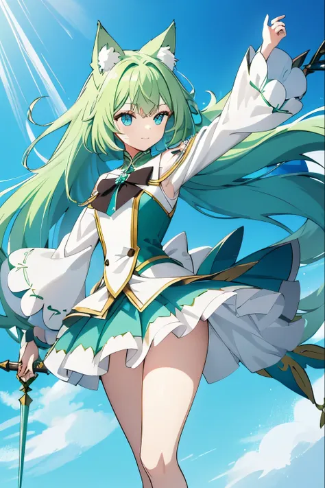 woman with long light green hair cat ears, long fluffy tail use the power of the wind element uses a long spear, has a playful p...