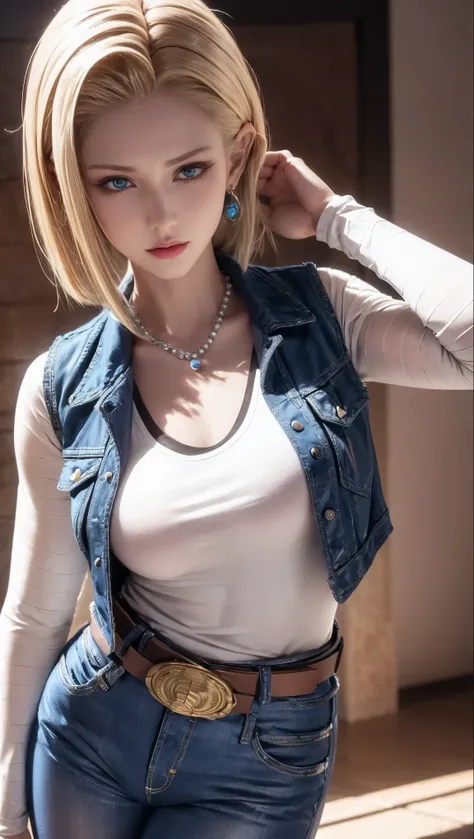 8k, real image, intricate details, super detailed,(realistic),
and 18, (1 girl),(solo:1.5)、 android 18, blonde hair, blue eyes, ...