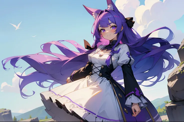 rating:safe, long_hair, 1girl, smile, purple_eyes, breasts, looking_at_viewer, hair_ornament, dress, solo, purple_hair, blush, bangs, eyebrows_visible_through_hair, medium_breasts, closed_mouth, ribbon, cleavage, small_breasts, hair_ribbon, unicorn_(azur_l...